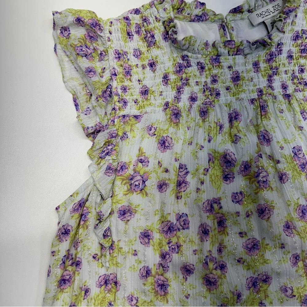Rachel Zoe Women’s Sleeveless Ruffle Floral Metallic Flowy Blouse Size Large - Picture 3 of 7
